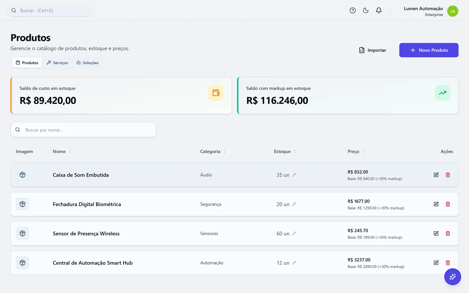 Catálogo de produtos de automação residencial na ProOps, com preço e estoque.