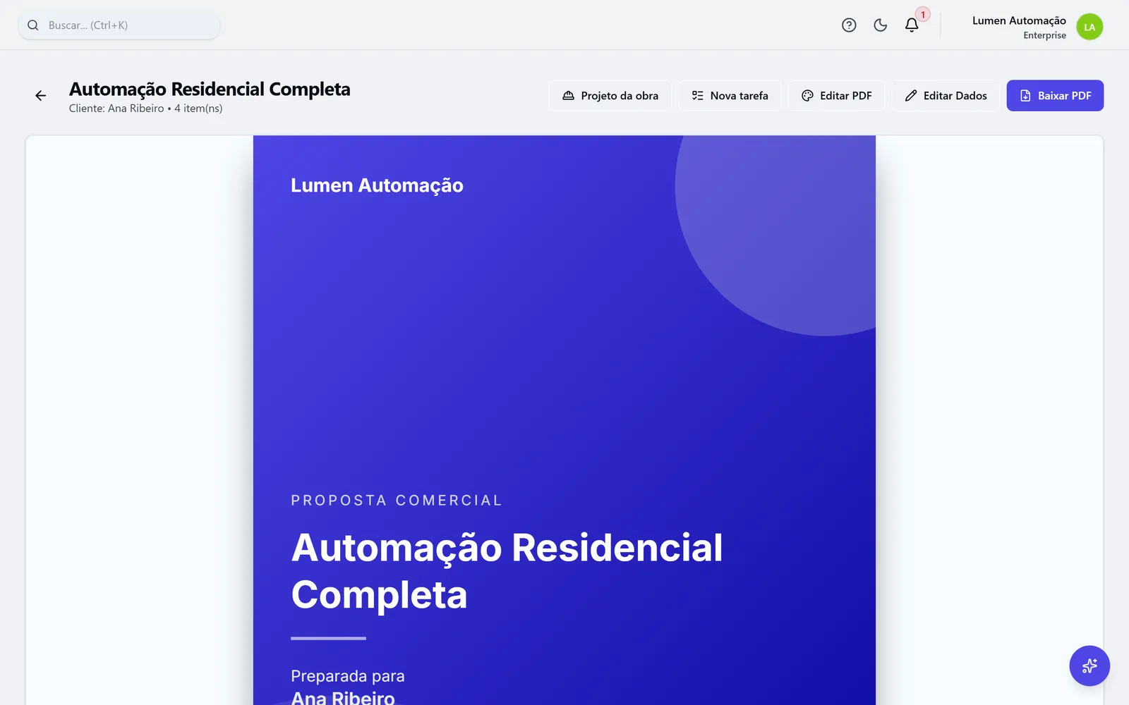 Proposta de automação residencial na ProOps, com os itens agrupados e o total.
