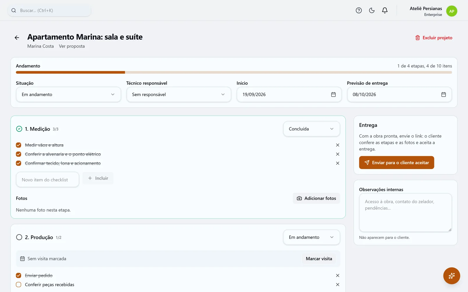 Obra de persianas e toldos na ProOps, com as etapas do segmento e o checklist.