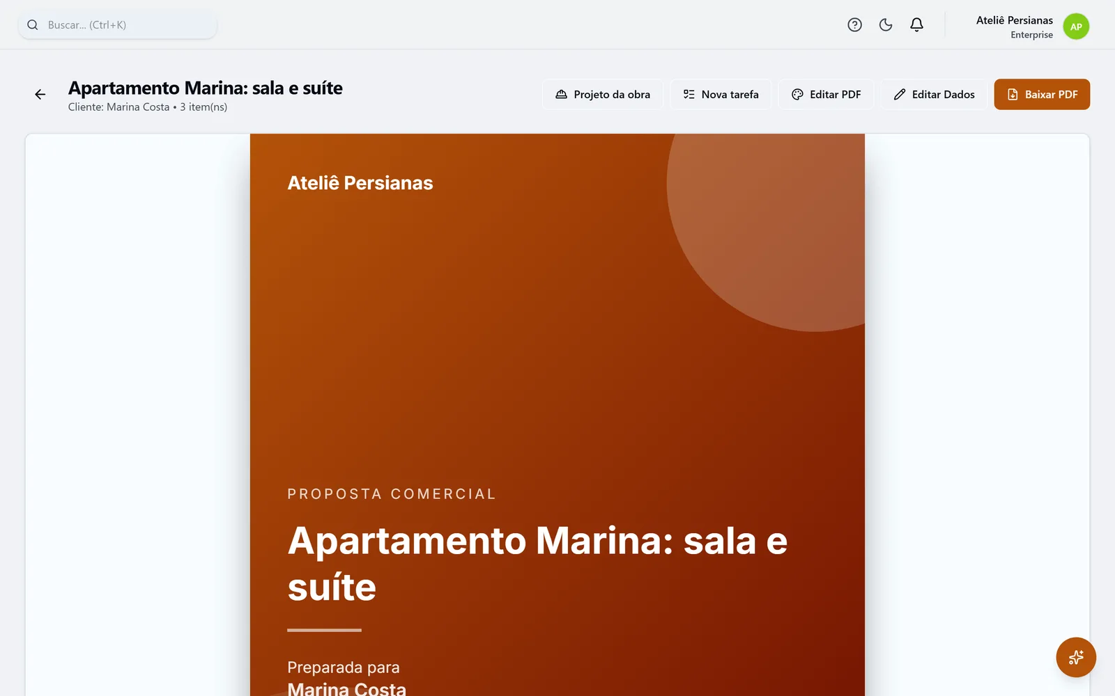 Proposta de persianas e toldos na ProOps, com os itens agrupados e o total.