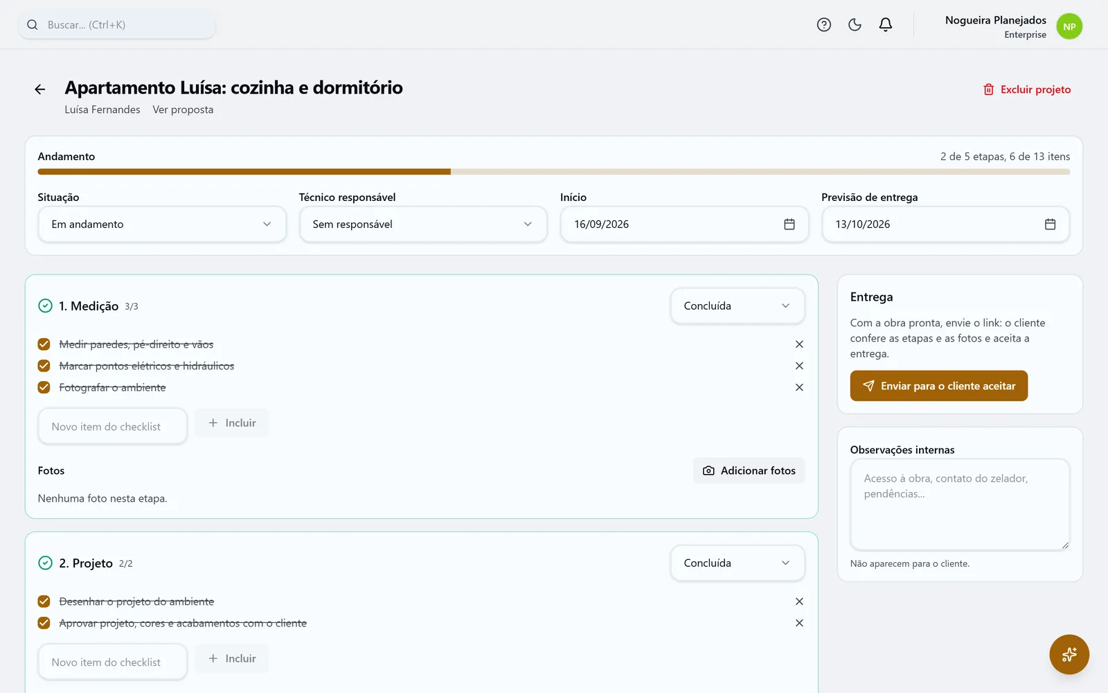 Obra de marcenaria na ProOps, com as etapas do segmento e o checklist.