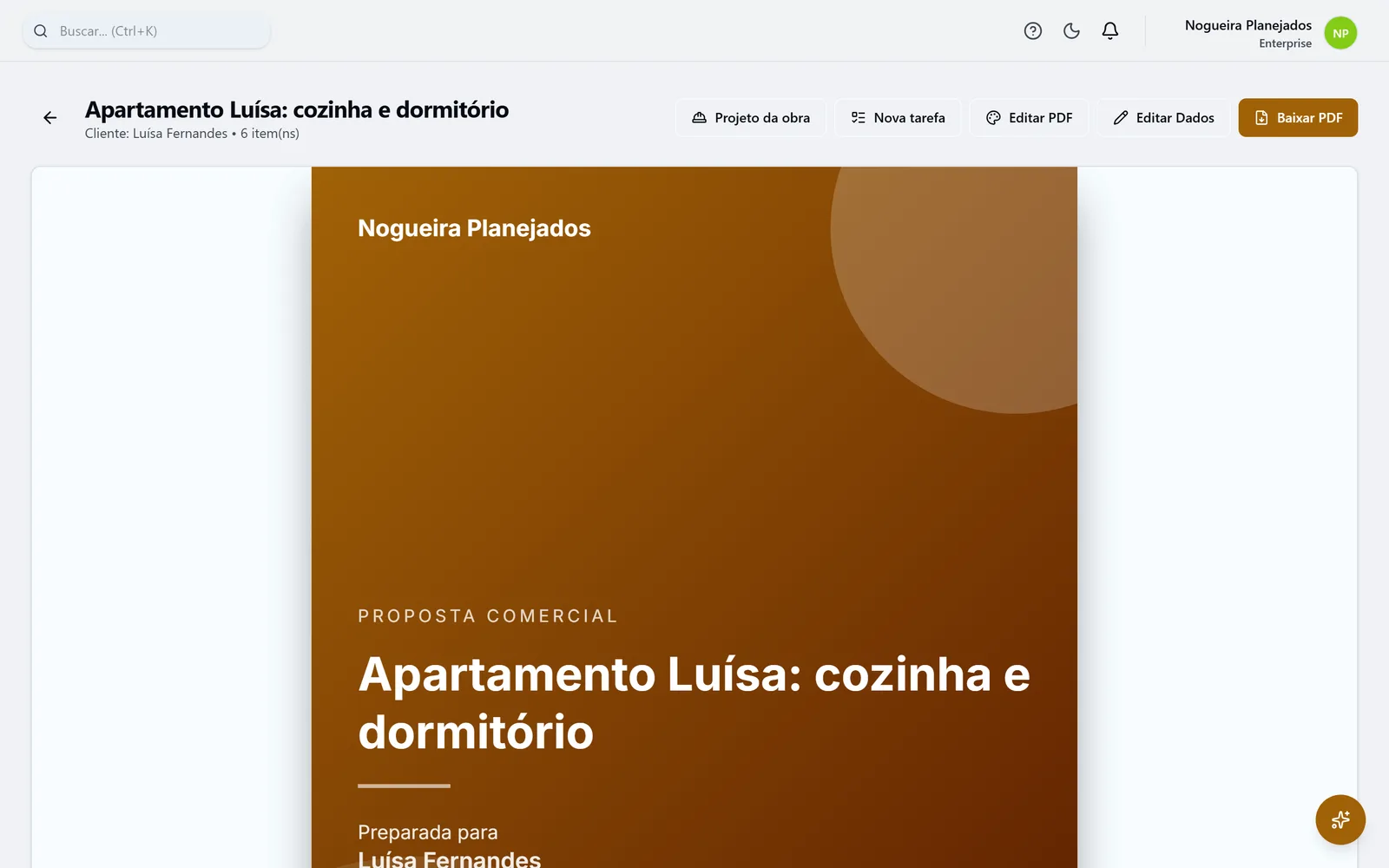 Proposta de marcenaria na ProOps, com os itens agrupados e o total.