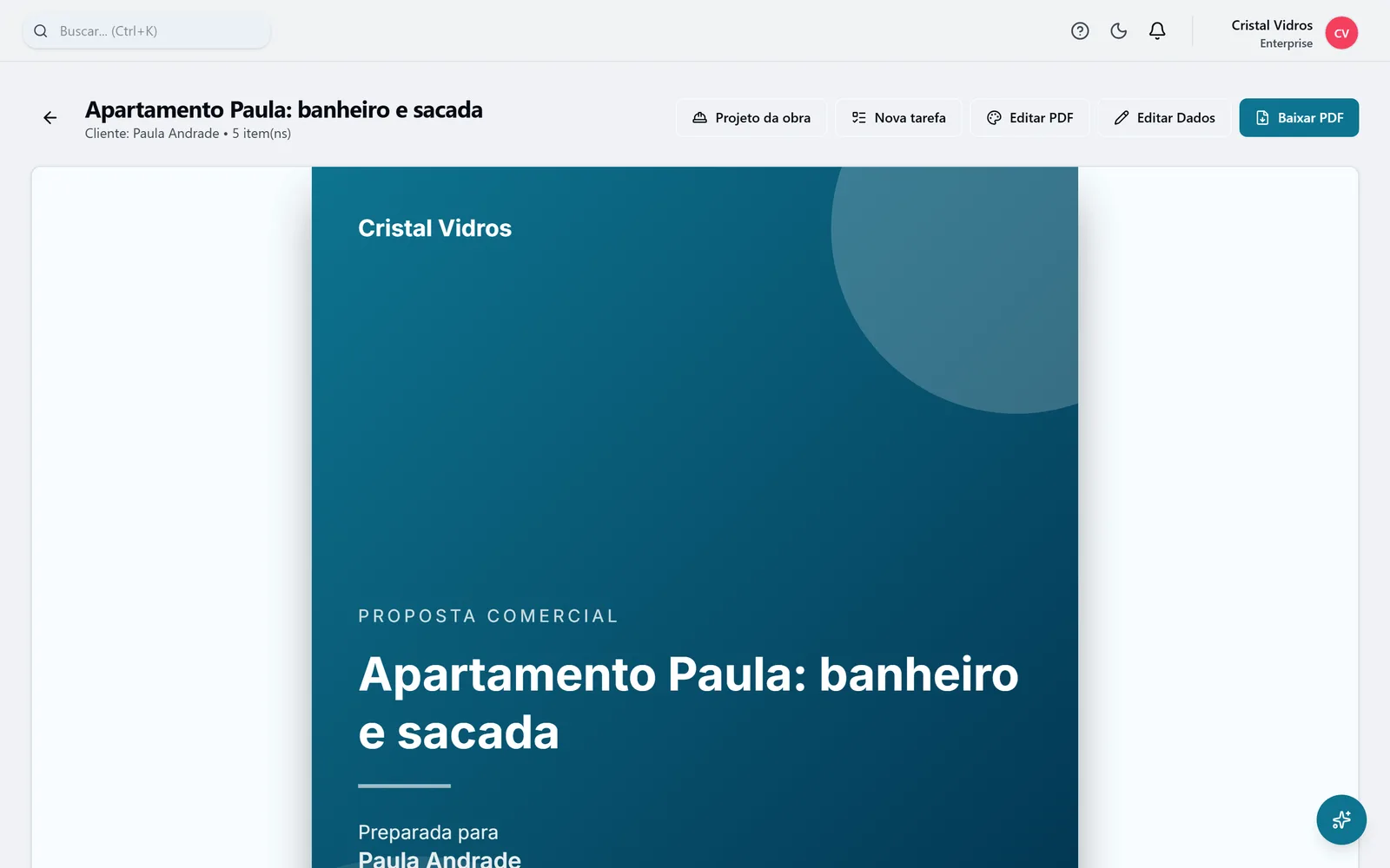 Proposta de vidraçaria na ProOps, com os itens agrupados e o total.